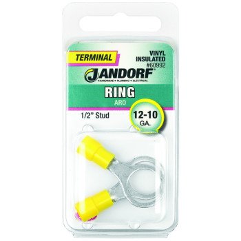 Jandorf 60992 Ring Terminal, 12 to 10 AWG Wire, 1/2 in Stud, Vinyl Insulation, Copper Contact, Yellow