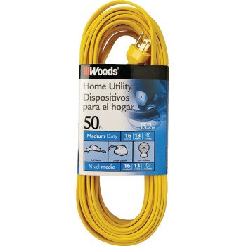 Woods 0832 Extension Cord, 16 AWG Cable, 50 ft L, 10 A, 125 V, Yellow