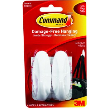 Command 17081 Designer Hook, 5/8 in Opening, 3 lb, 2-Hook, Plastic, White, 2/PK