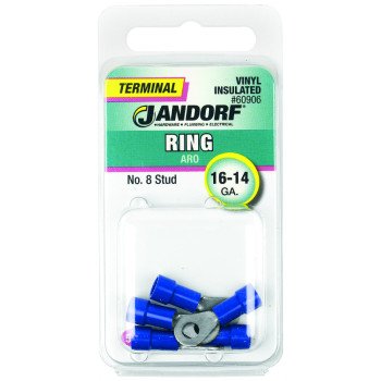 Jandorf 60906 Ring Terminal, 16 to 14 AWG Wire, #8 Stud, Vinyl Insulation, Copper Contact, Blue