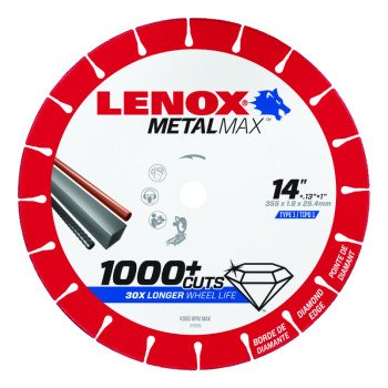 Lenox MetalMax 1972929 Cut-Off Wheel, 14 in Dia, 0.13 in Thick, 1 in Arbor, 25, 30 Grit, Diamond Abrasive