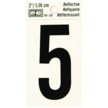 Hy-Ko RV-25/5 Reflective Sign, Character: 5, 2 in H Character, Black Character, Silver Background, Vinyl