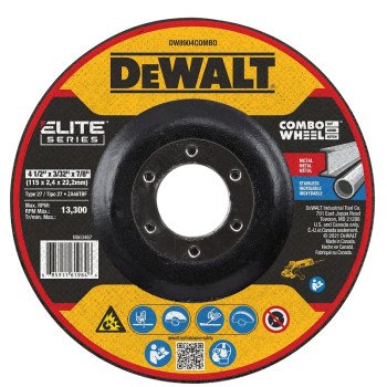 DEWALT ELITE Series DW8904COMBO Cutting Wheel, 4-1/2 in Dia, 0.093 in Thick, 7/8 in Arbor, 24 Grit, Ceramic Abrasive