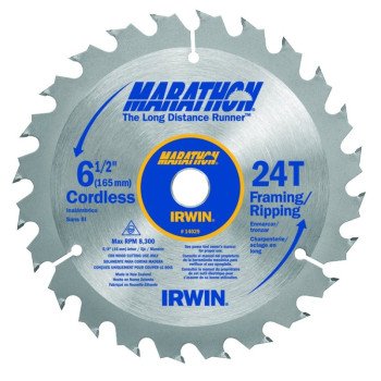 Irwin Marathon 14029 Circular Saw Blade, 6-1/2 in Dia, 5/8 in Arbor, 24-Teeth, Carbide Cutting Edge