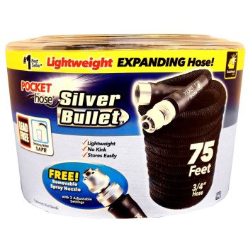 POCKET hose Silver Bullet 13489-12 Expanding Garden Hose, 3/4 in, 75 ft L, Plastic, Black