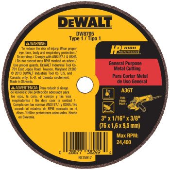 DEWALT DW8705 Grinder Wheel, 3 in Dia, 1/16 in Thick, 3/8 in Arbor, 36 Grit, Very Coarse, Aluminum Oxide Abrasive