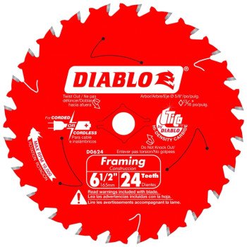 Diablo D0624A Framing Trim Saw Blade, 6-1/2 in Dia, 5/8 in Arbor, 24-Teeth