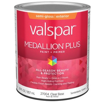 Valspar Medallion Plus 2600 028.0027004.005 Latex Paint, Acrylic Base, Semi-Gloss Sheen, Clear Base, 1 qt