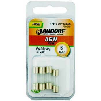 Jandorf 60649 Fast Acting Fuse, 6 A, 32 V, 10 kA Interrupt, Glass Body