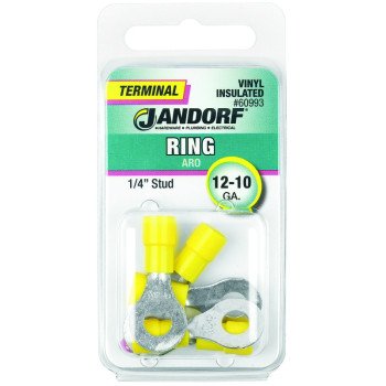 Jandorf 60993 Ring Terminal, 12 to 10 AWG Wire, 1/4 in Stud, Vinyl Insulation, Copper Contact, Yellow