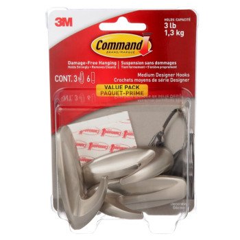 Command 17081BN-3ES Medium Designer Hook, 3 lb, 3-Hook, Plastic, Brushed Nickel