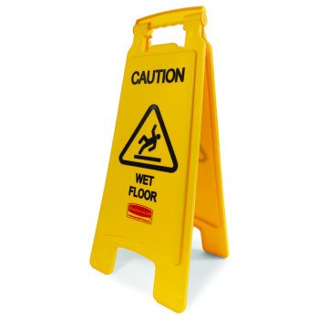 Rubbermaid FG611277 YEL Floor Sign, 11 in W, Yellow Background, Caution Wet Floor, English, French, Spanish