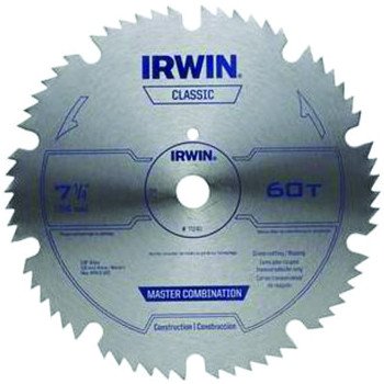 Irwin 11240 Circular Saw Blade, 7-1/4 in Dia, 5/8 in Arbor, 60-Teeth, Carbon Steel Cutting Edge