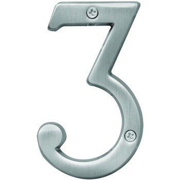 Hy-Ko Prestige Series BR-43SN/3 House Number, Character: 3, 4 in H Character, Nickel Character, Brass