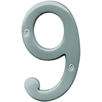 Hy-Ko Prestige Series BR-43SN/9 House Number, Character: 9, 4 in H Character, Nickel Character, Solid Brass