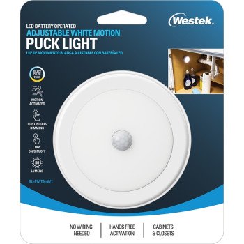 Westek BL-PMTN-W1T Motion Activated Puck Light, AA Battery, LED Lamp, 80 Lumens, 3000, 4000, 5000 K Color Temp