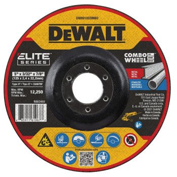 DEWALT ELITE Series DW8910COMBO Cutting Wheel, 5 in Dia, 0.093 in Thick, 7/8 in Arbor, 24 Grit, Ceramic Abrasive