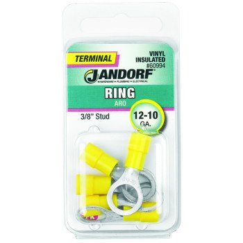 Jandorf 60994 Ring Terminal, 12 to 10 AWG Wire, 3/8 in Stud, Vinyl Insulation, Copper Contact, Yellow