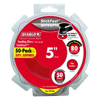 Diablo DCD050080P50G Sanding Disc, 5 in Dia, 80 Grit, Coarse, Ceramic Abrasive, Pressure-Sensitive Adhesive Backing