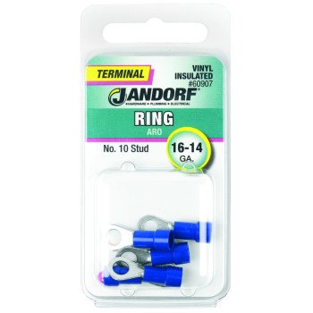 Jandorf 60907 Ring Terminal, 16 to 14 AWG Wire, #10 Stud, Vinyl Insulation, Copper Contact, Blue