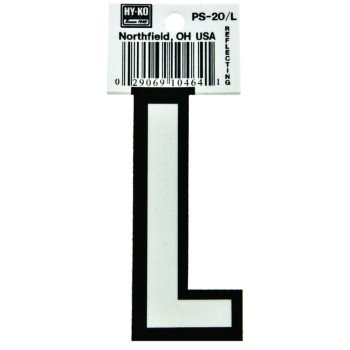 Hy-Ko PS-20/L Reflective Letter, Character: L, 3-1/4 in H Character, Black/White Character, Vinyl