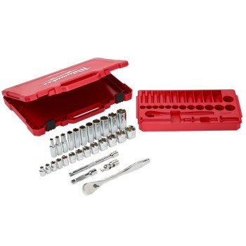 Milwaukee 48-22-9408 Ratchet and Socket Set, Steel, Chrome, Specifications: 3/8 in Drive