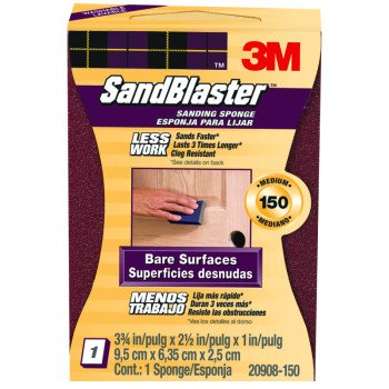 3M SandBlaster 20908-150 Sanding Sponge, 3-3/4 in L, 2-5/8 in W, 150 Grit, Medium, Aluminum Oxide Abrasive