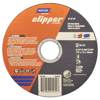 Norton Clipper Classic A AO Series 70184601455 Cut-Off Wheel, 4-1/2 in Dia, 0.045 in Thick, 7/8 in Arbor, 1/EA