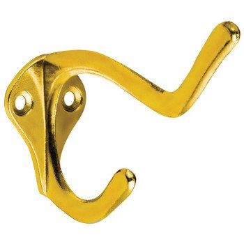 National Hardware SPB1435 N830-161 Coat and Hat Hook, 2-Hook, Zinc, Polished Brass