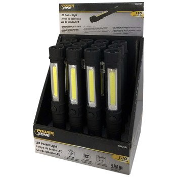 PowerZone 18101020 Pocket Flashlight, AAA Battery, LED Lamp, 130 Lumens, 8 m Beam Distance, 4 hrs Run Time, Black