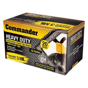 Commander 3MCON20 Heavy-Duty Contractor Clean-Up Bag, 42 gal, Polyethylene, Black
