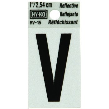 Hy-Ko RV-15/V Reflective Letter, Character: V, 1 in H Character, Black Character, Silver Background, Vinyl