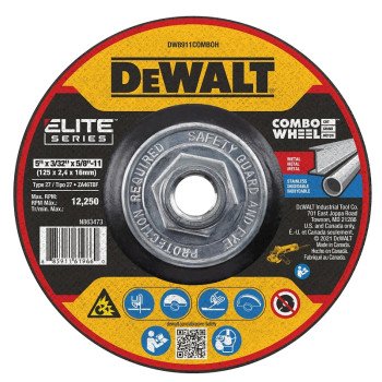 DEWALT ELITE Series DW8911COMBOH Cutting Wheel, 5 in Dia, 0.093 in Thick, 5/8-11 Arbor, 24 Grit, Ceramic Abrasive