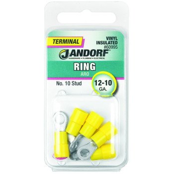 Jandorf 60995 Ring Terminal, 12 to 10 AWG Wire, #10 Stud, Vinyl Insulation, Copper Contact, Yellow