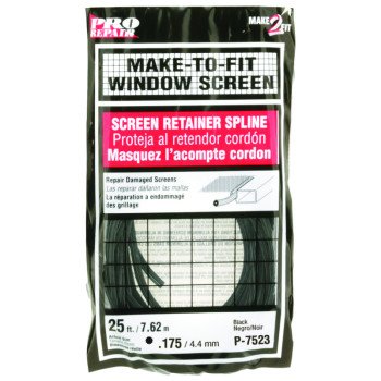 Make-2-Fit P 7523 Screen Retainer Spline, 0.175 in D, 25 ft L, Vinyl, Black, Round