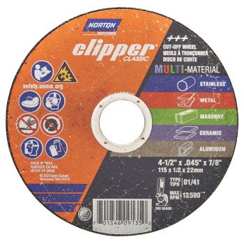 Norton Clipper Classic AC AO/SC Series 70184609135 Cut-Off Wheel, 4-1/2 in Dia, 0.045 in Thick, 7/8 in Arbor