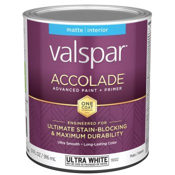 Valspar Accolade 1100 028.0011002.005 Latex Paint, Acrylic Base, Matte, Ultra White, 1 qt, Plastic Can
