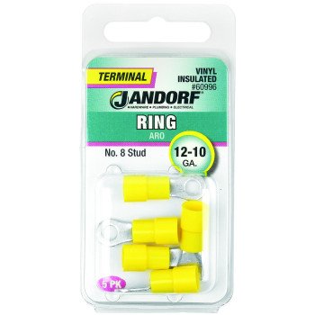 Jandorf 60996 Ring Terminal, 12 to 10 AWG Wire, #8 Stud, Vinyl Insulation, Copper Contact, Yellow