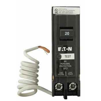 Eaton BRN120GF Circuit Breaker, GFCI, Type BR, 20 A, 1-Pole, 120/240 VAC, Trip-to-Center Trip, Plug