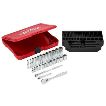 Milwaukee 48-22-9504 Ratchet and Socket Set, Alloy Steel, Chrome, Specifications: 1/4 in Drive Size, Metric Measurement