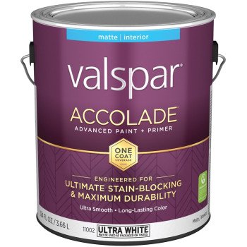 Valspar Accolade 1100 028.0011002.007 Latex Paint, Acrylic Base, Matte, Ultra White, 1 gal, Plastic Can