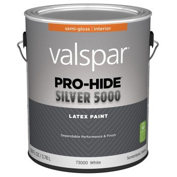 Valspar Pro-Hide Silver 5000 7300 028.0073000.007 Latex Paint, Water Base, Semi-Gloss Sheen, White Base, 1 gal