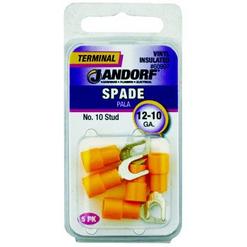 Jandorf 60997 Spade Terminal, 600 V, 12 to 10 AWG Wire, #10 Stud, Vinyl Insulation, Copper Contact, Yellow