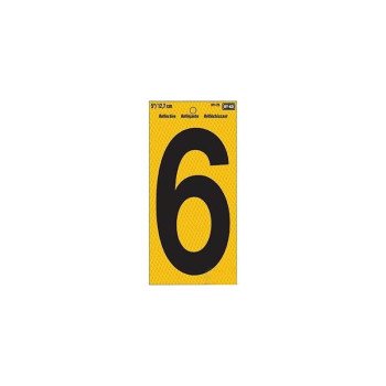 Hy-Ko RV-75/6 Reflective Sign, Character: 6, 5 in H Character, Black Character, Yellow Background, Vinyl