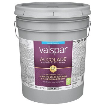 Valspar Accolade 1100 028.0011002.008 Latex Paint, Acrylic Base, Matte, Ultra White, 5 gal, Plastic Pail