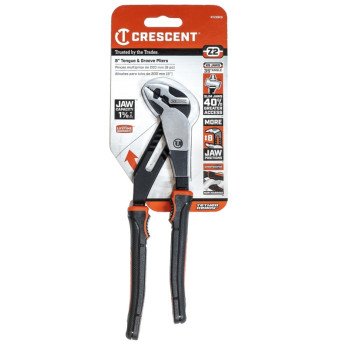 Crescent K9 Z2 Series RTZ28CG Tongue and Groove Plier, 8-1/2 in OAL, 1.6 in Jaw Opening, Black/Rawhide Handle