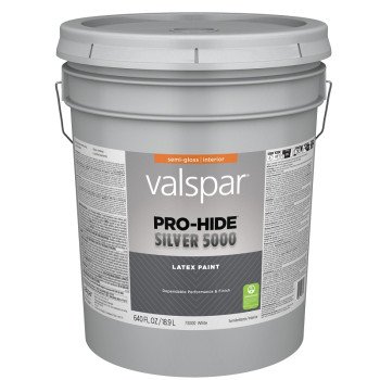 Valspar Pro-Hide Silver 5000 7300 028.0073000.008 Latex Paint, Water Base, Semi-Gloss Sheen, White Base, 5 gal