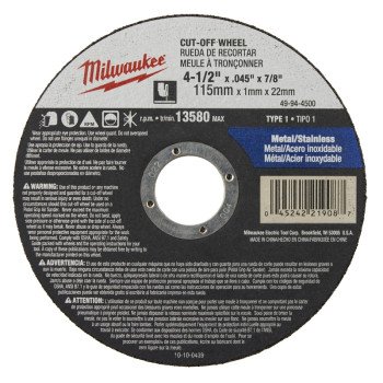 Milwaukee 49-94-4500 Cut-Off Wheel, 4-1/2 in Dia, 0.045 in Thick, 7/8 in Arbor