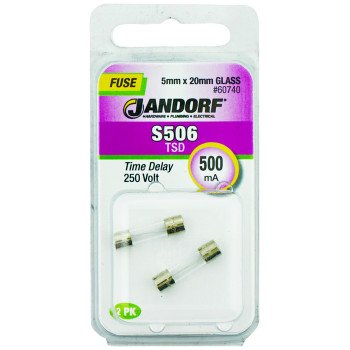 Jandorf 60740 Time Delay Fuse, 0.007 Ohm, 500 mA, 250 V, 35 A Interrupt, Glass Body