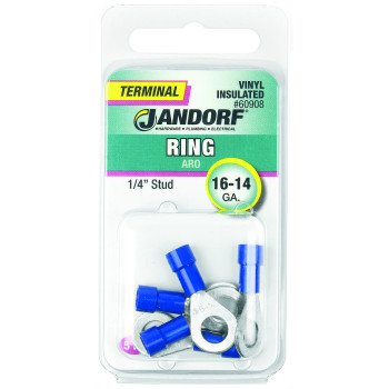 Jandorf 60908 Ring Terminal, 16 to 14 AWG Wire, 1/4 in Stud, Vinyl Insulation, Copper Contact, Blue